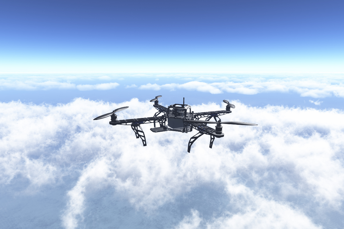 Drone flying in clouds