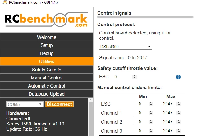 RCbenchmark control board configuration screen